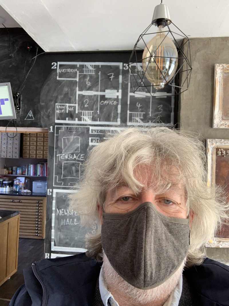 Bill at Newspeak House in a mask, September 2020