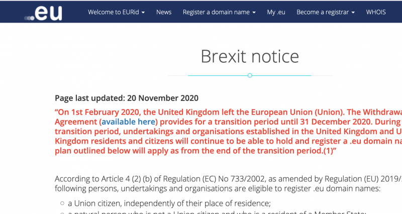 Screenshot from UK government website re .eu domains