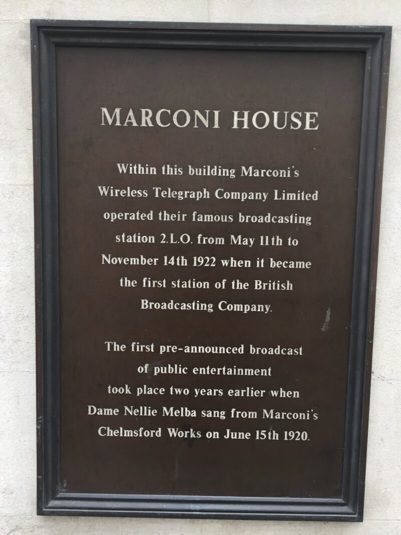 The plaque commemorating 2LO, on the site of Marconi House